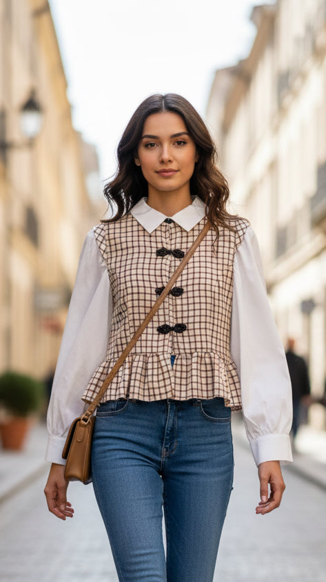 Camisa Xadrez com Gola Branca e Detalhes Vintage