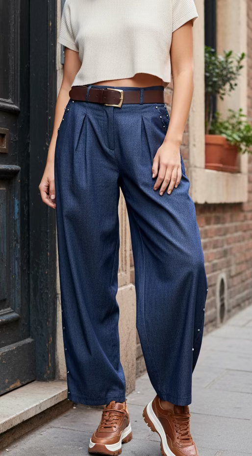 Calças denim de corte largo com cinto