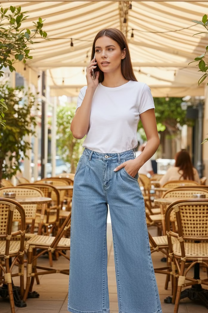 Calça de ganga com pregas