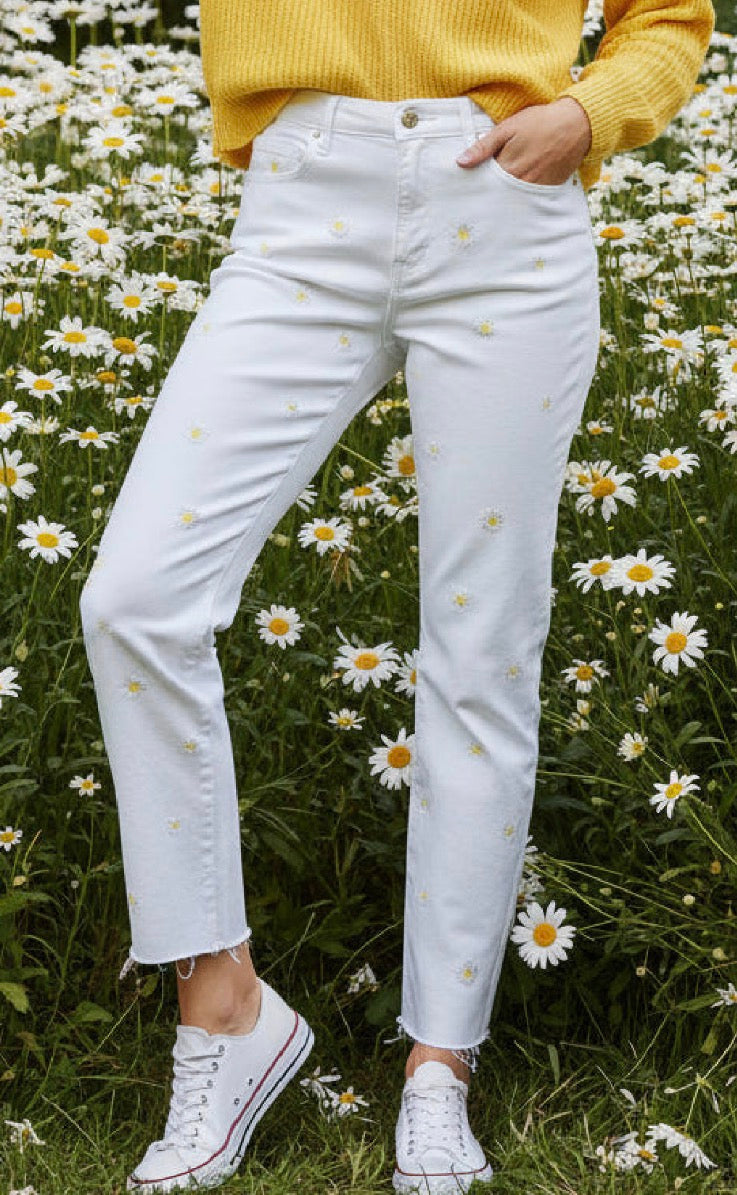 Calça de ganga com margaridas