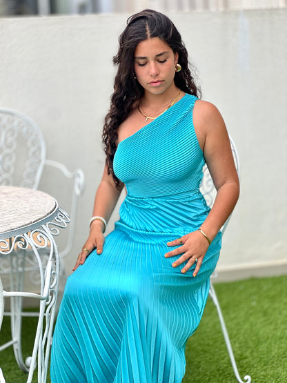 Vestido Plissado Assimétrico Azul Turquesa