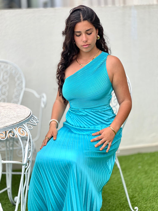 Vestido Plissado Assimétrico Azul Turquesa