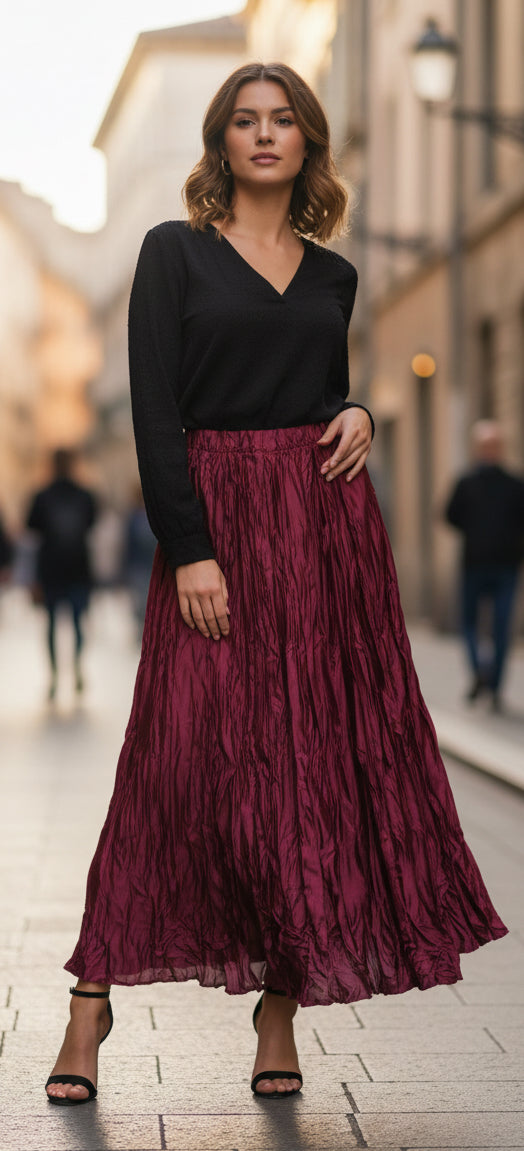 Saia midi plissada acetinada
