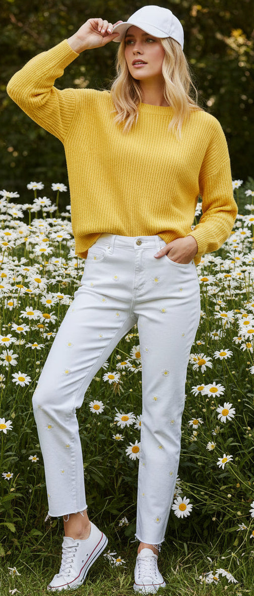 Calça de ganga com margaridas